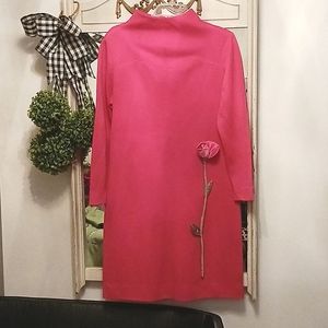 Beautiful Vintage 1960's  Fuschia 💝 Dress Satin Flower Stem Applique 🌷